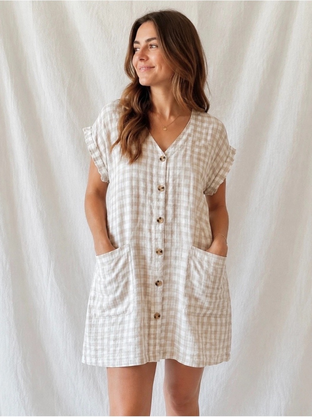 Lou & Grey 100% Linen Gingham Tan White Button Front Dress Women’s Sz S- EUC